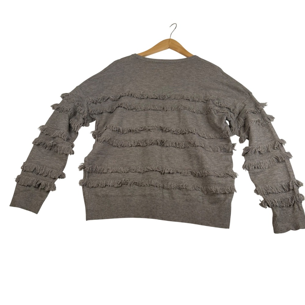 THML Womens Fringe Trim Crewneck Sweater Taupe Gray Knit Pullover Size L
